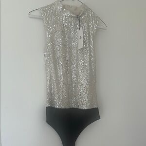 Silver Sequin Sleeveless Bodysuit